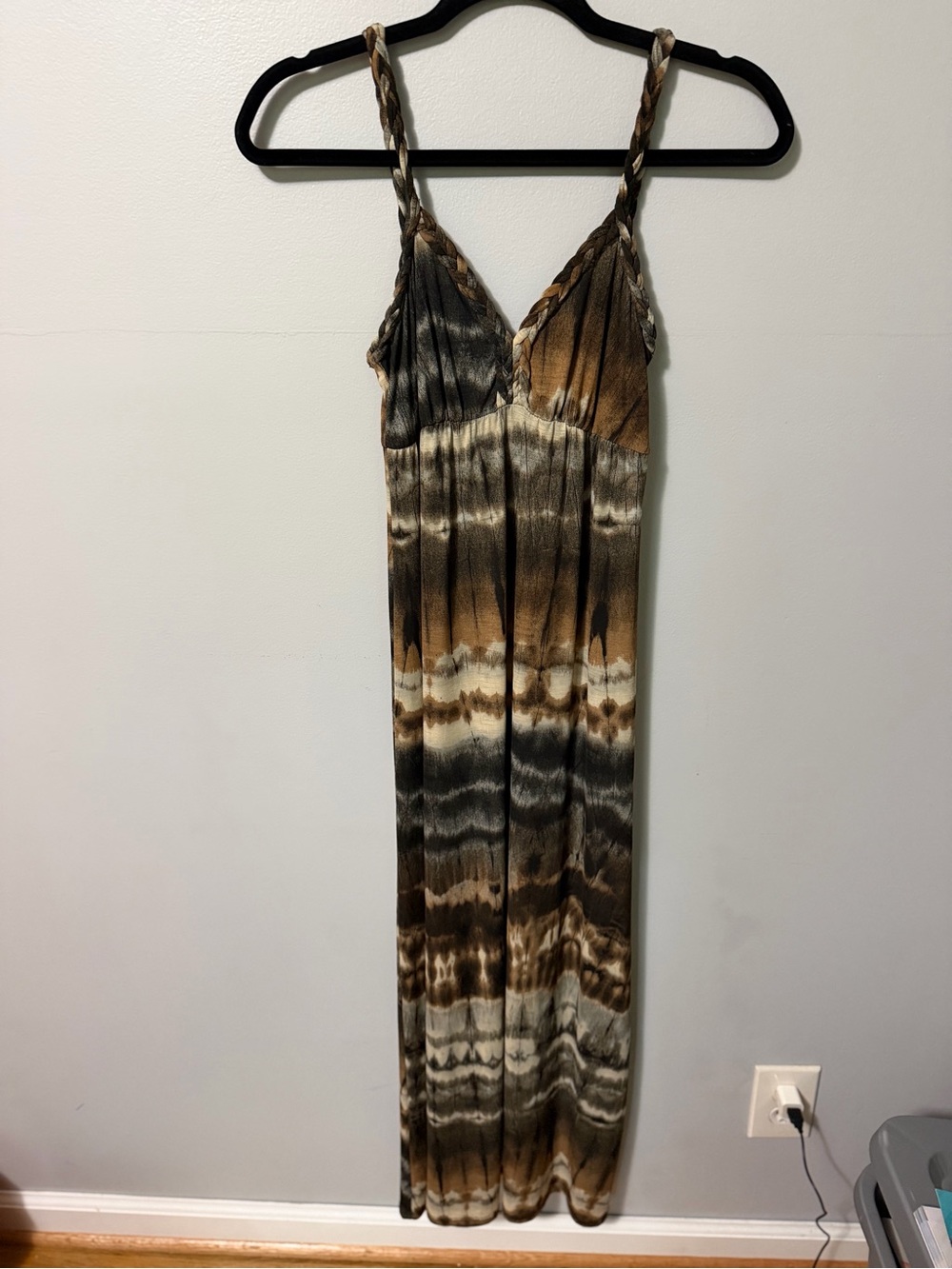 MKM Collection Women’s Medium Brown Tie Dye Maxi Dress Braided Straps Boho